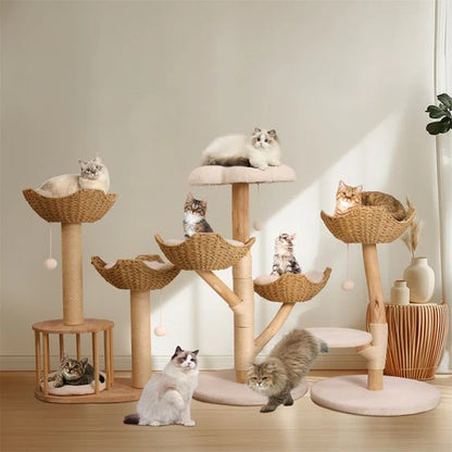 Large Multi-Level Cat Tree 111cm | Natural Wood Activity Tower