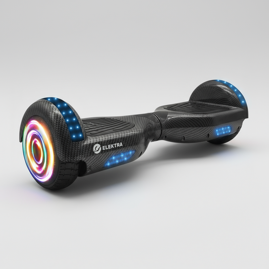 Black hoverboard with colorful wheel design on a white background