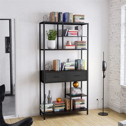 Tall Bookshelf 180cm | Industrial Display Shelf with 2 Drawers