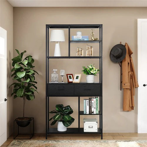 Tall Bookshelf 180cm | Industrial Display Shelf with 2 Drawers