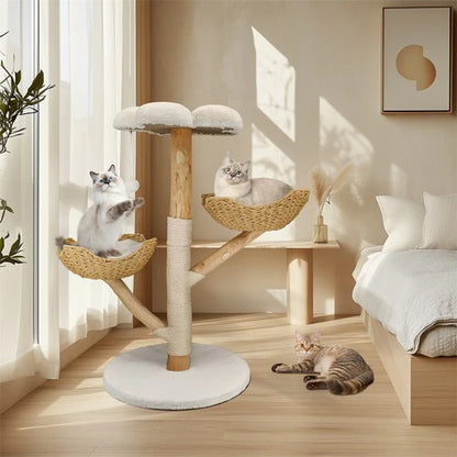 Large Multi-Level Cat Tree 111cm | Natural Wood Activity Tower
