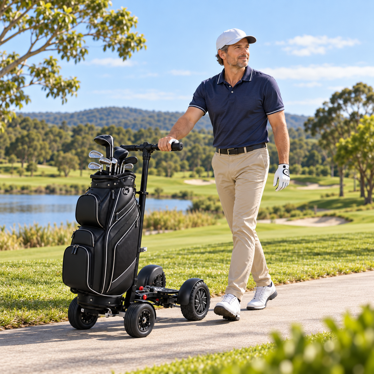 ESWING ES-1388 Pro golf scooter being pushed by a man beside a golf course