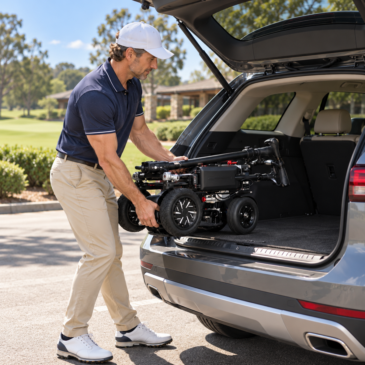 Folded ESWING ES-1388 Pro golf scooter being loaded into a car boot