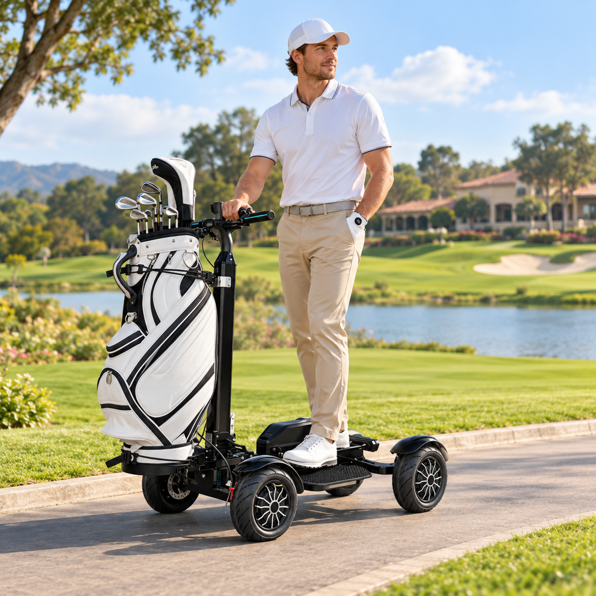 Black ESWING ES-M12-3 golf scooter being ridden beside a golf course