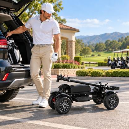 Black ESWING ES-M12-3 golf scooter folded beside an open car boot