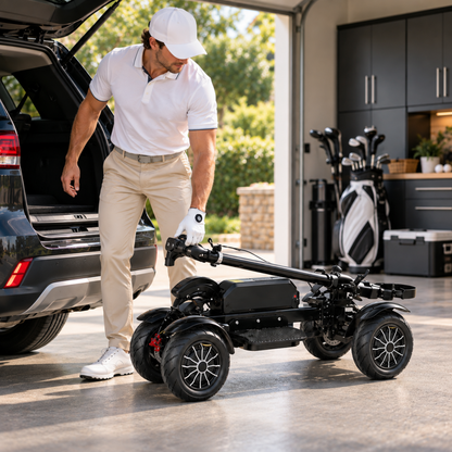 Black ESWING ES-M12-3 golf scooter with its handlebar folded down