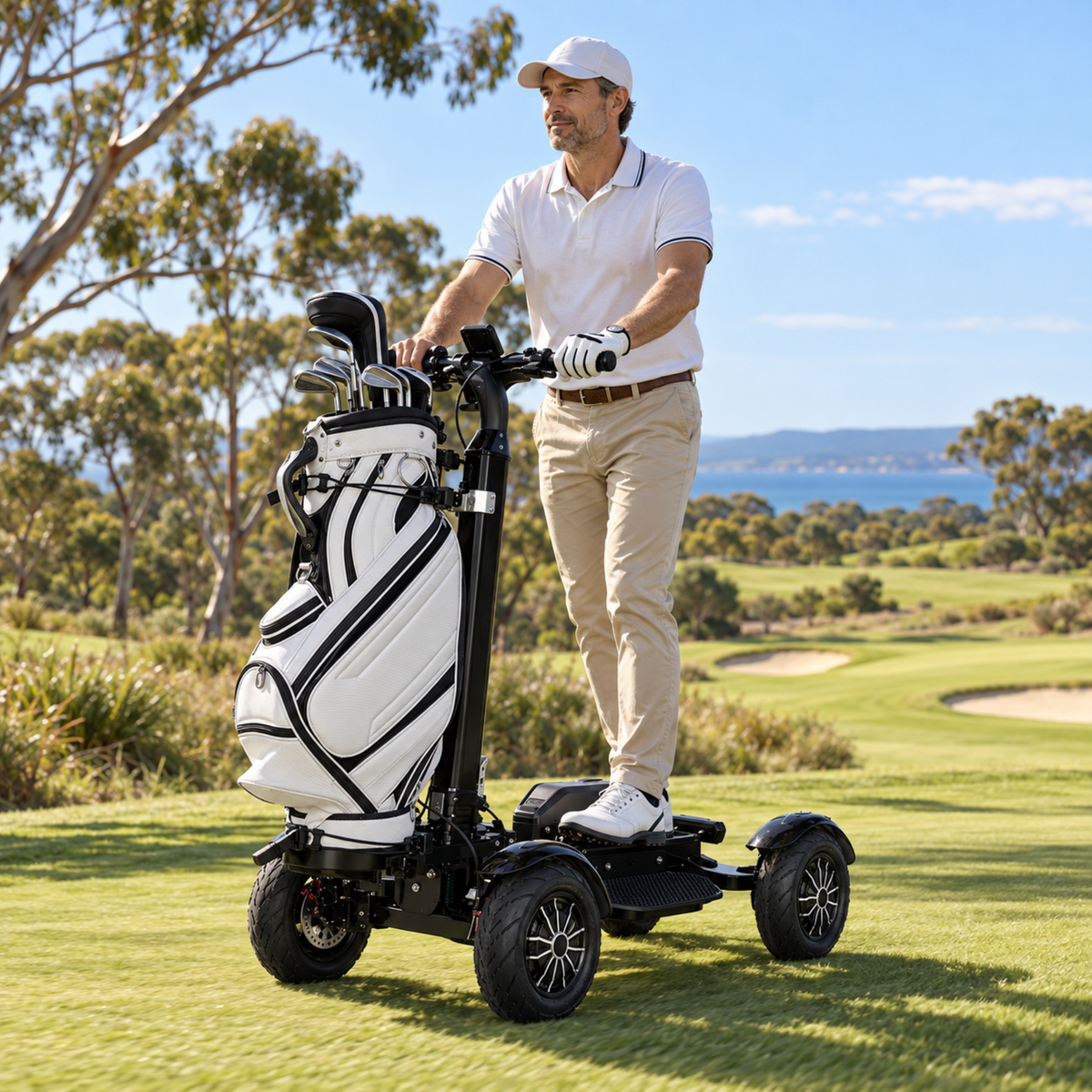 Black ESWING ES-M12-3 golf scooter being ridden on a golf course