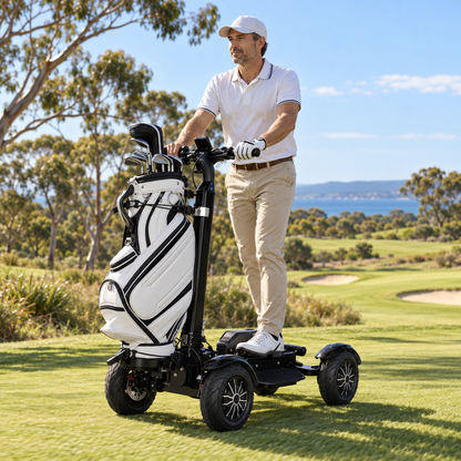 Black ESWING ES-M12-3 golf scooter being ridden on a golf course