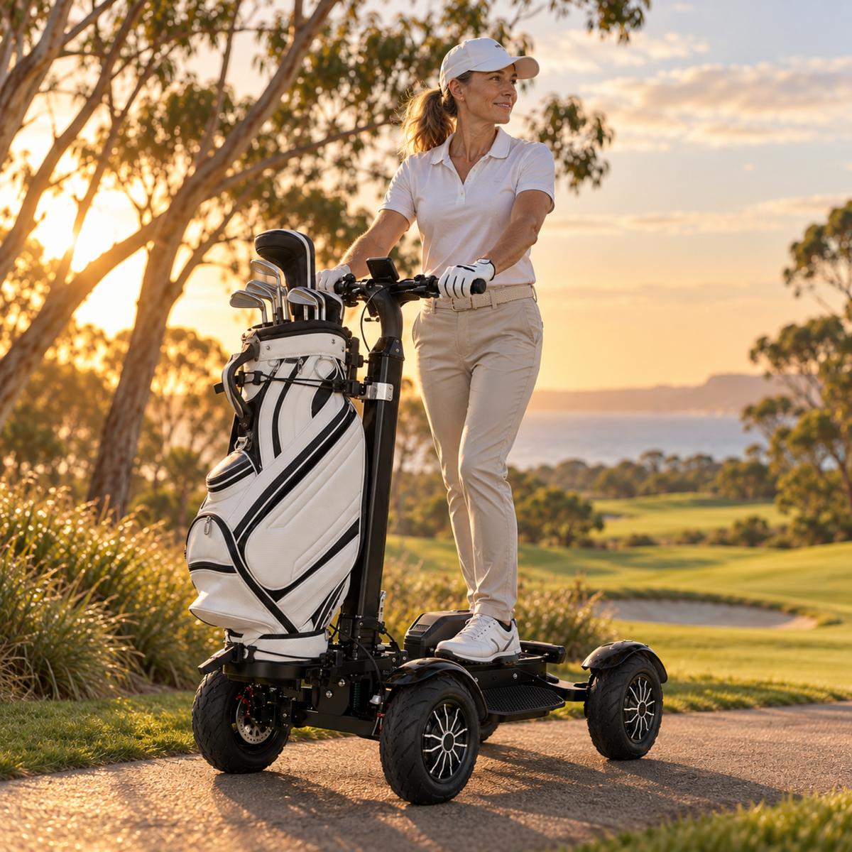 Black ESWING ES-M12-3 golf scooter being ridden by a woman at sunset
