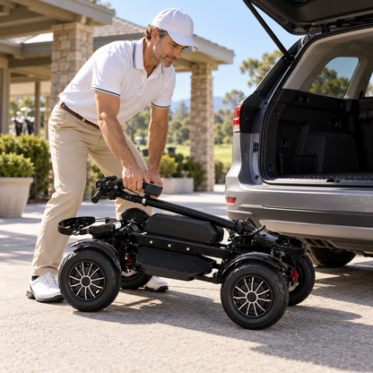 Folded black ESWING ES-M12-3 golf scooter being lifted beside a car