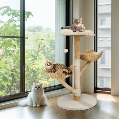 Large Multi-Level Cat Tree 111cm | Natural Wood Activity Tower