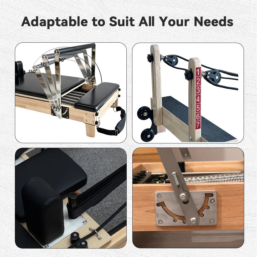 Formora oak reformer adjustments: footbar angles, rope height settings, black rectangular shoulder blocks and footbar gear plate