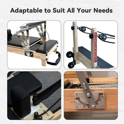 Formora oak reformer adjustments: footbar angles, rope height settings, black rectangular shoulder blocks and footbar gear plate
