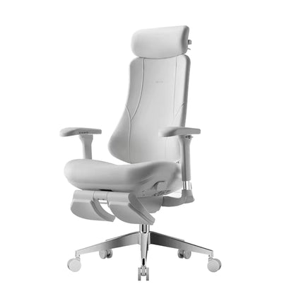 Hbada T8 Max ergonomic office chair in white, side view with electric footrest extended