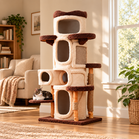 Beige multi-level cat climbing tower with sisal posts and a brown base in a home living room