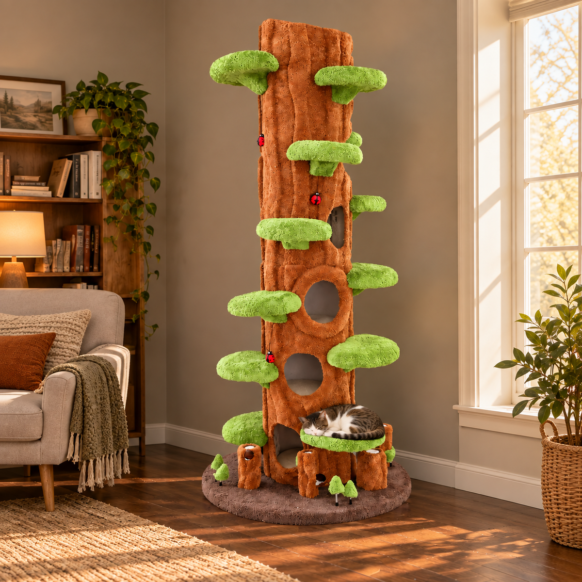Brown tree hollow cat tower with green platforms and a cat resting on a platform in a cosy living room