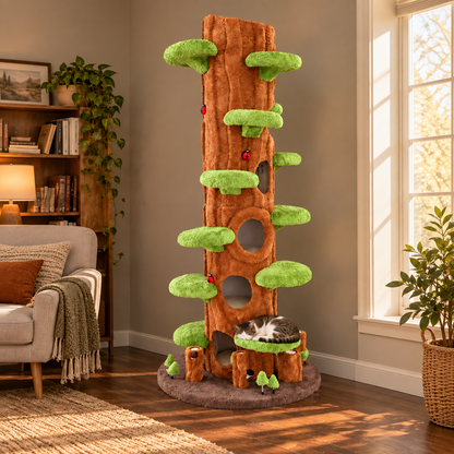 Brown tree hollow cat tower with green platforms and a cat resting on a platform in a cosy living room