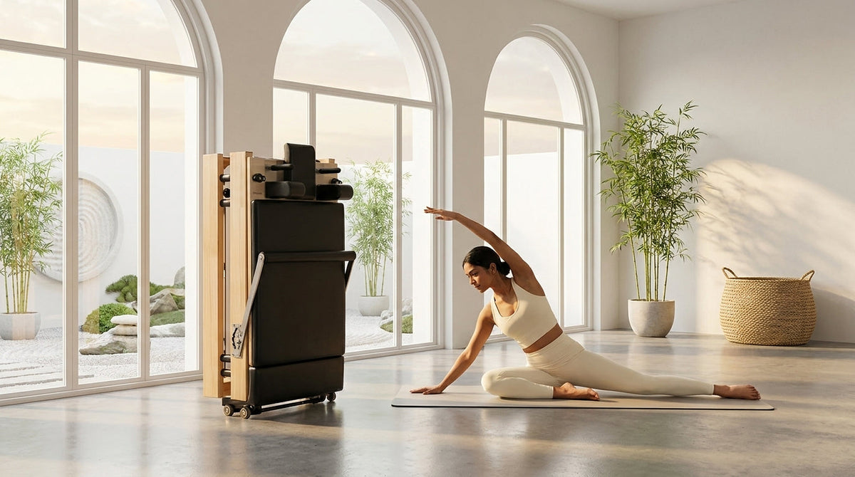 Woman stretching beside a folded oak Pilates reformer in a bright home studio