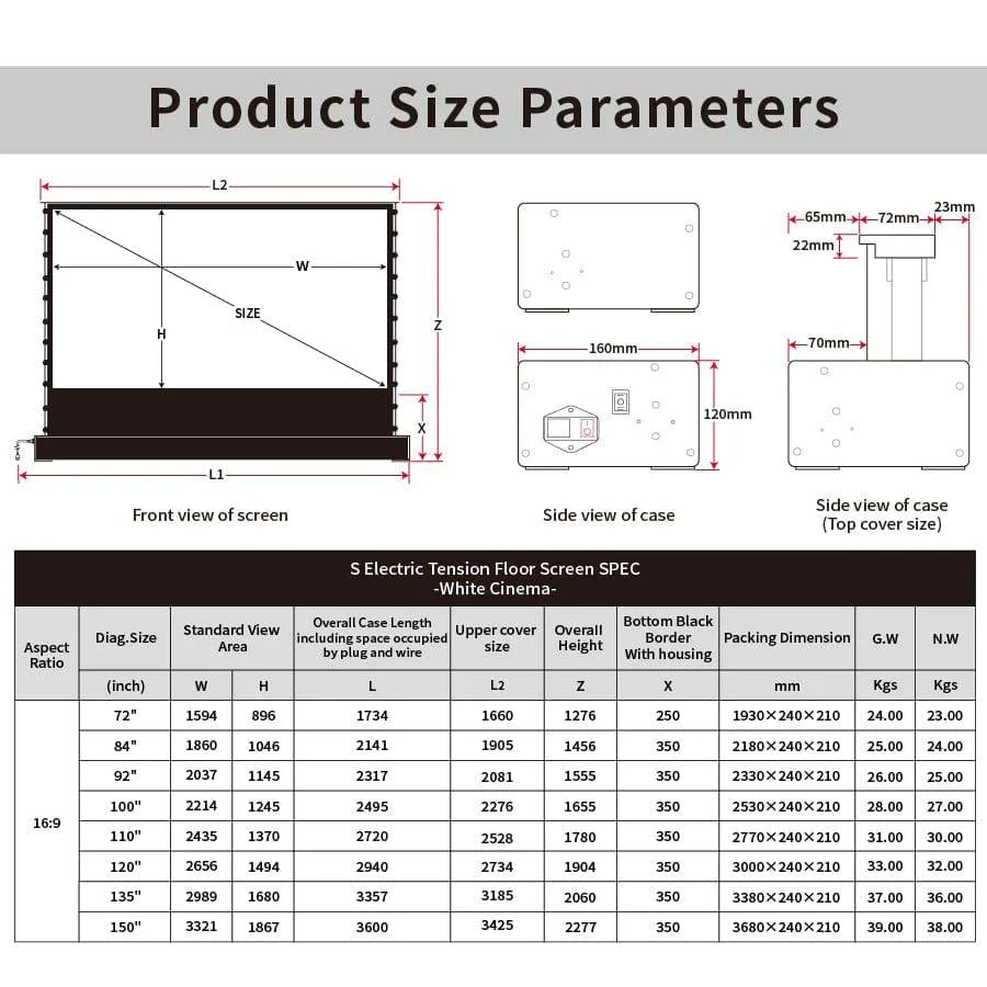 Premium Electric Floor Mounted Projector Screen 72–100” 16:9 | Motorized Home Theater & Office Display